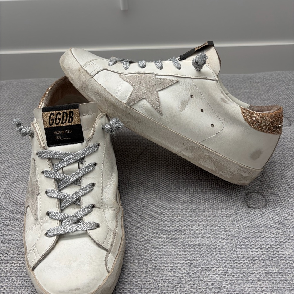 Golden Goose Deluxe Brand Superstar Low-Top Sneakers with Gold Glitter Heel